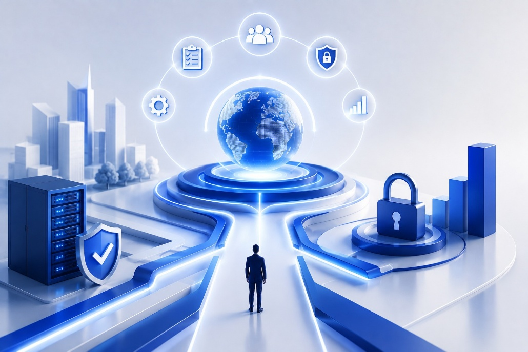 Cybersecurity, compliance, governance and risk management shield graphic